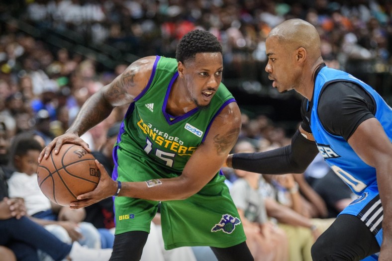 Aug 17, 2019; Dallas, TX, USA; 3 Headed Monsters point guard Mario Chalmers (15) and Power forward Corey Maggette (50) during the game at the American Airlines Center. Mandatory Credit: Jerome Miron-USA TODAY Sports
