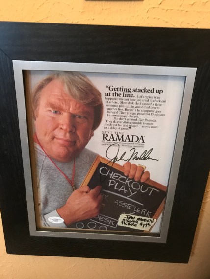 Among the sports memorabilia at the Timeline sale is a John Madden autographed Ramada advertisement.

Img 8200