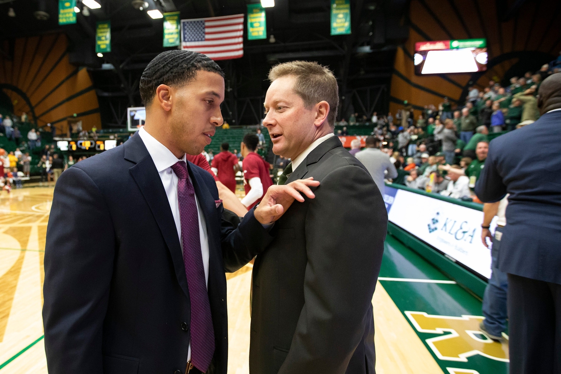 Colorado State University head coach Niko Medved, right and University of Denver head coach Rodney Billups meet before a game on Tuesday Nov. 5, 2019, at Moby Arena in Fort Collins, Colo.

Csuvdubskb 20191105 Th