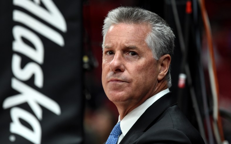 Nov 8, 2019; Portland, OR, USA; Portland Trail Blazers General Manager Neil Olshey looks on during warm ups before the game against the Brooklyn Nets at Moda Center. Mandatory Credit: Steve Dykes-USA TODAY Sports