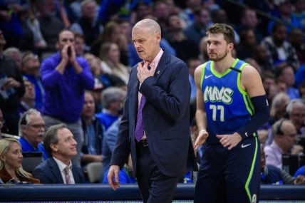 Jan 8, 2020; Dallas, Texas, USA; Dallas Mavericks head coach Rick Carlisle and forward Luka Doncic (77) react to a call during the second half against the Dallas Mavericks at the American Airlines Center. Mandatory Credit: Jerome Miron-USA TODAY Sports