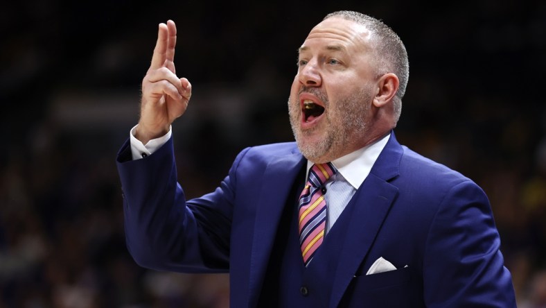 Feb 29, 2020; Baton Rouge, Louisiana, USA; Texas A&M Aggies head coach Buzz Williams reacts to a play against LSU Tigers in the first half at Maravich Assembly Center. Mandatory Credit: Stephen Lew-USA TODAY Sports