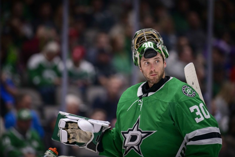 Dec 7, 2019; Dallas, TX, USA; Dallas Stars goaltender Ben Bishop (30) during the game between the Islanders and the Stars at the American Airlines Center. Mandatory Credit: Jerome Miron-USA TODAY Sports