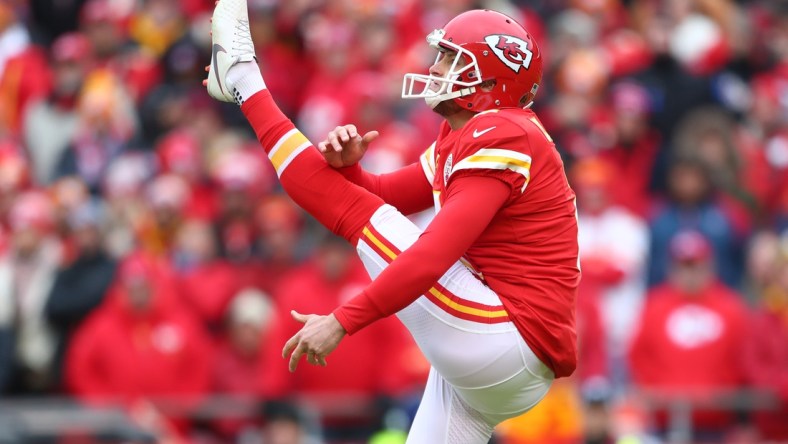 Jan 12, 2020; Kansas City, Missouri, USA; Kansas City Chiefs punter Dustin Colquitt (2) against the Houston Texans in the AFC Divisional Round playoff football game at Arrowhead Stadium. Mandatory Credit: Mark J. Rebilas-USA TODAY Sports