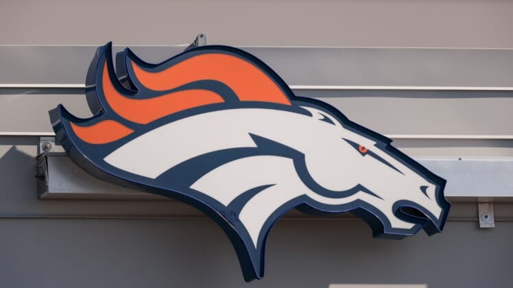 Aug 27, 2020; Englewood, Colorado, USA; A general view of the Denver Broncos logo outside of UCHealth Training Center where practice was cancelled after a morning team meeting. Mandatory Credit: Isaiah J. Downing-USA TODAY Sports