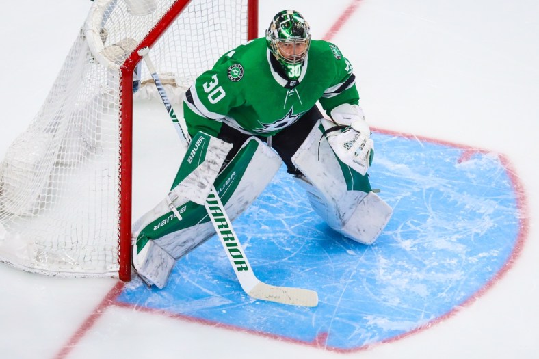 Aug 13, 2020; Edmonton, Alberta, CAN; Dallas Stars goaltender Ben Bishop (30) guards his net against the Calgary Flames during the third period in game two of the first round of the 2020 Stanley Cup Playoffs at Rogers Place. Mandatory Credit: Sergei Belski-USA TODAY Sports