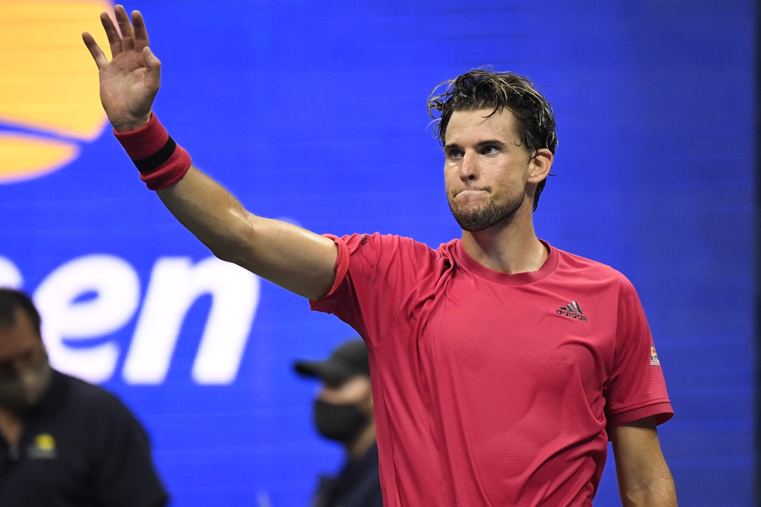 Sep 13 2020; Flushing Meadows, New York, USA; Dominic Thiem of Austria celebrates after his match against Alexander Zverev of Germany (not pictured) in the men's singles final match on day fourteen of the 2020 U.S. Open tennis tournament at USTA Billie Jean King National Tennis Center. Mandatory Credit: Danielle Parhizkaran-USA TODAY Sports