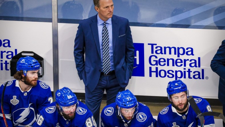 Sep 21, 2020; Edmonton, Alberta, CAN; A view of Tampa Bay Lightning head coach Jon Cooper during the third period between the Tampa Bay Lightning and the Dallas Stars in game two of the 2020 Stanley Cup Final at Rogers Place. Mandatory Credit: Sergei Belski-USA TODAY Sports