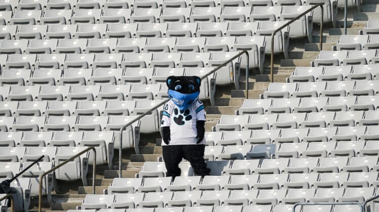 Oct 4, 2020; Charlotte, North Carolina, USA; Carolina Panthers Mascot Sir Purr alone in the stands due to Covid 19 precautions during the second half of a game between the Carolina Panthers and the Arizona Cardinals at Bank of America Stadium. Mandatory Credit: Jim Dedmon-USA TODAY Sports