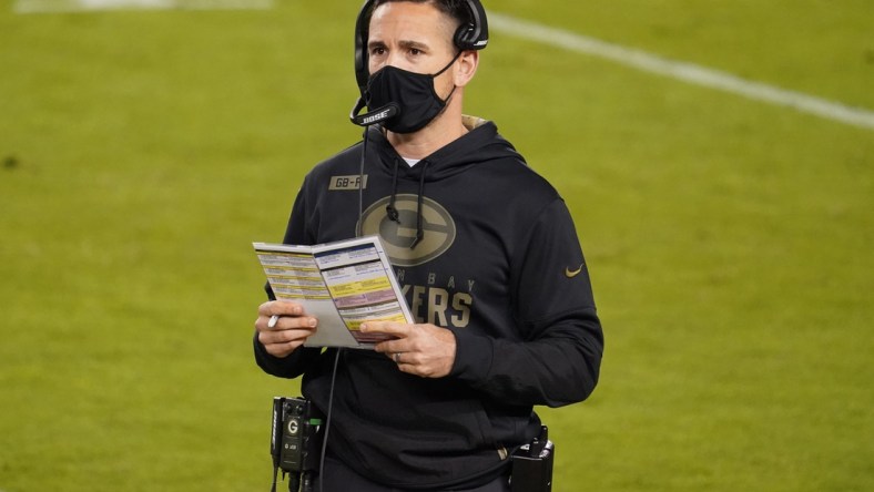 Nov 5, 2020; Santa Clara, California, USA; Green Bay Packers head coach Matt LaFleur looks on during the first quarter against the San Francisco 49ers at Levi's Stadium. Mandatory Credit: Kyle Terada-USA TODAY Sports