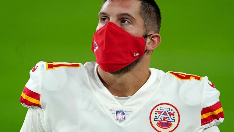 Nov 22, 2020; Paradise, Nevada, USA; Kansas City Chiefs long snapper James Winchester (41) is wearing mask before a game against the Las Vegas Raiders as the CDC recommends wearing masks to slow the spread of COVID-19. Everyone should wear a mask covering unless they are under 2 years of age, and or having a breathing problems at Allegiant Stadium. Mandatory Credit: Kirby Lee-USA TODAY Sports