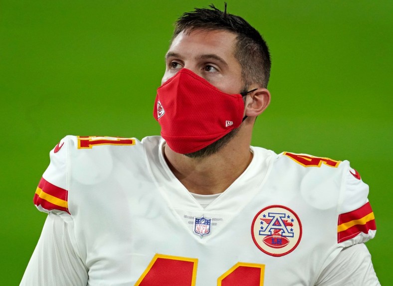 Nov 22, 2020; Paradise, Nevada, USA; Kansas City Chiefs long snapper James Winchester (41) is wearing mask before a game against the Las Vegas Raiders as the CDC recommends wearing masks to slow the spread of COVID-19. Everyone should wear a mask covering unless they are under 2 years of age, and or having a breathing problems at Allegiant Stadium. Mandatory Credit: Kirby Lee-USA TODAY Sports