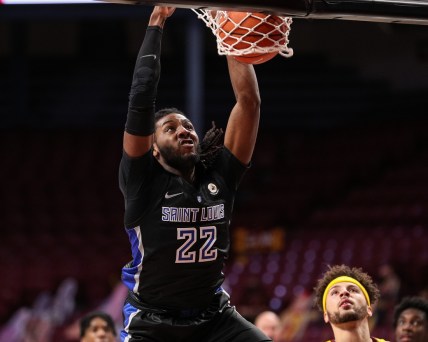 Dec 20, 2020; Minneapolis, Minnesota, USA; Saint Louis Billikens forward Terrence Hargrove Jr. (22) dunks the ball during the second half against the Minnesota Gophers at Williams Arena. Mandatory Credit: Harrison Barden-USA TODAY Sports