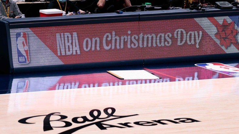 Dec 25, 2020; Denver, Colorado, USA; NBA on Christmas Day is displayed across the sideboards in the first quarter of the game between the Denver Nuggets and the Los Angeles Clippers at Ball Arena. Mandatory Credit: Isaiah J. Downing-USA TODAY Sports