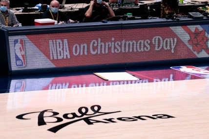 Dec 25, 2020; Denver, Colorado, USA; NBA on Christmas Day is displayed across the sideboards in the first quarter of the game between the Denver Nuggets and the Los Angeles Clippers at Ball Arena. Mandatory Credit: Isaiah J. Downing-USA TODAY Sports