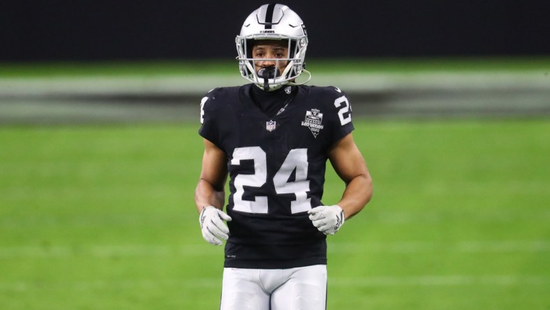 Dec 26, 2020; Paradise, Nevada, USA; Las Vegas Raiders safety Johnathan Abram (24) against the Miami Dolphins at Allegiant Stadium. Mandatory Credit: Mark J. Rebilas-USA TODAY Sports