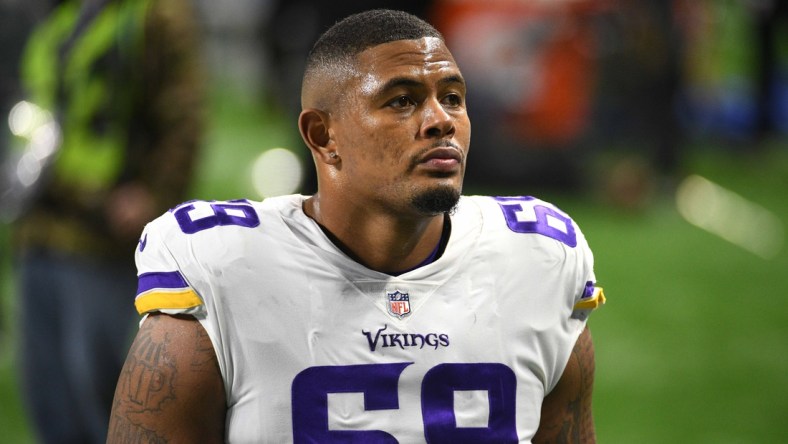 Jan 3, 2021; Detroit, Michigan, USA; Minnesota Vikings offensive tackle Rashod Hill (69) before the game against the Detroit Lions at Ford Field. Mandatory Credit: Tim Fuller-USA TODAY Sports