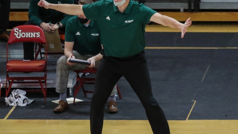 Jan 23, 2021; Queens, New York, USA;  Utah Valley head coach Mark Madsen at Carnesecca Arena. Mandatory Credit: Wendell Cruz-USA TODAY Sports