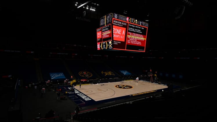 Feb 1, 2021; Denver, Colorado, USA; General view of Ball Arena following the postponed game between the Detroit Pistons against the Denver Nuggets. Mandatory Credit: Ron Chenoy-USA TODAY