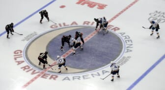 Feb 12, 2021; Glendale, Arizona, USA; A general view of a face off during the third period of the game between the Arizona Coyotes and the St. Louis Blues at Gila River Arena. Mandatory Credit: Joe Camporeale-USA TODAY Sports