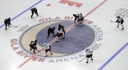 Feb 12, 2021; Glendale, Arizona, USA; A general view of a face off during the third period of the game between the Arizona Coyotes and the St. Louis Blues at Gila River Arena. Mandatory Credit: Joe Camporeale-USA TODAY Sports