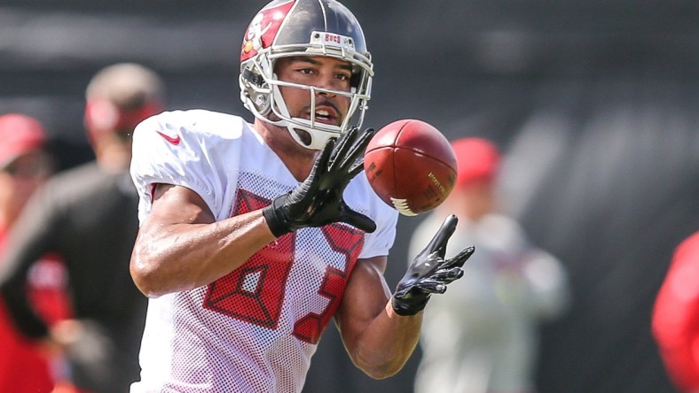 Tampa Bay Buccaneers wide receiver Vincent Jackson (83) catches a pass in a joint practice with the Jacksonville Jaguars during NFL football training camp at Florida Blue Field in Jacksonville, Fla., Wednesday, Aug. 17, 2016. [Gary Lloyd McCullough/For the Florida Times-Union]

Nfl Jaguars Training Camp