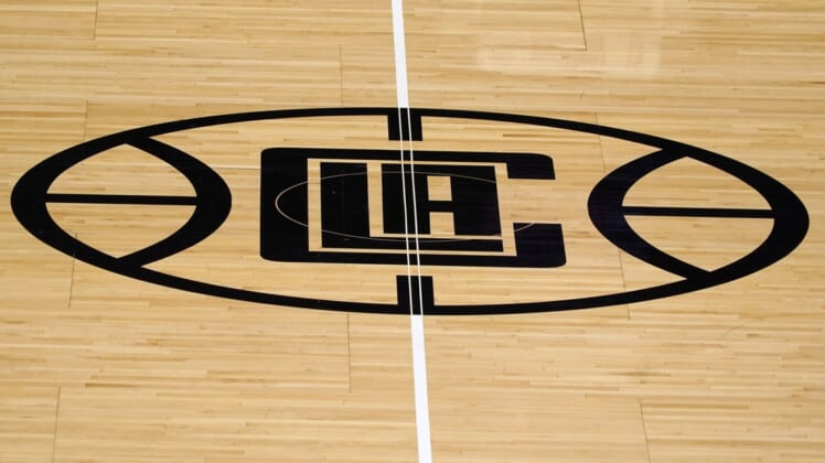 Feb 15, 2021; Los Angeles, California, USA; A detailed view of the LA Clippers logo at center court at Staples Center. Mandatory Credit: Kirby Lee-USA TODAY Sports