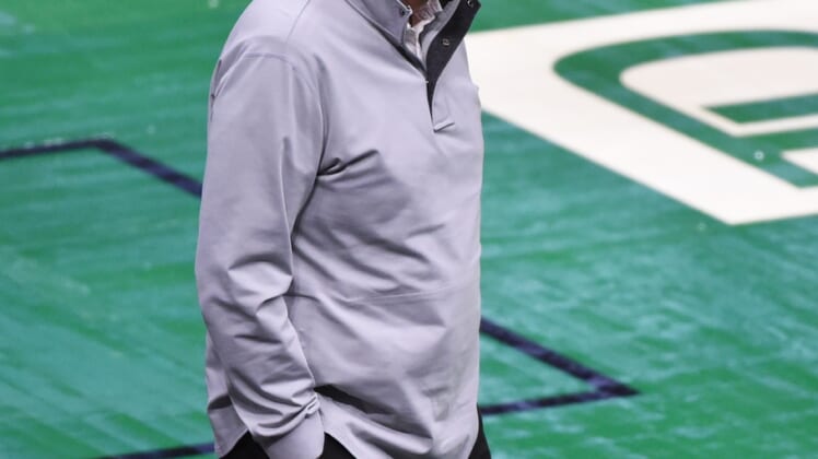 Feb 17, 2021; Boston, Massachusetts, USA;  Boston Celtics general manager Danny Ainge walks near the court during the second half in a game against the Atlanta Hawks at TD Garden. Mandatory Credit: Bob DeChiara-USA TODAY Sports