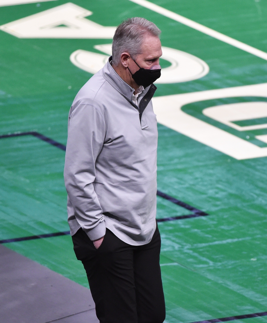 Feb 17, 2021; Boston, Massachusetts, USA;  Boston Celtics general manager Danny Ainge walks near the court during the second half in a game against the Atlanta Hawks at TD Garden. Mandatory Credit: Bob DeChiara-USA TODAY Sports