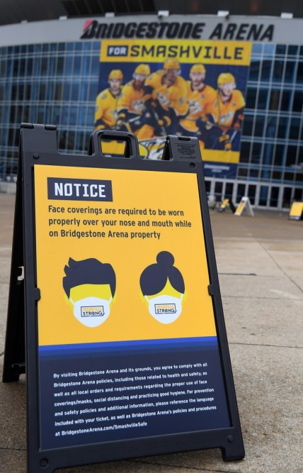 Feb 28, 2021; Nashville, Tennessee, USA; General view of mask signage outside Bridgestone Arena before the game between the Nashville Predators and the Columbus Blue Jackets. Mandatory Credit: Christopher Hanewinckel-USA TODAY Sports