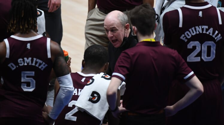 Mar 12, 2021; Nashville, TN, USA; Mississippi State Bulldogs head coach Ben Howland talks in a huddle during the first half against the Alabama Crimson Tide at Bridgestone Arena. Mandatory Credit: Christopher Hanewinckel-USA TODAY Sports