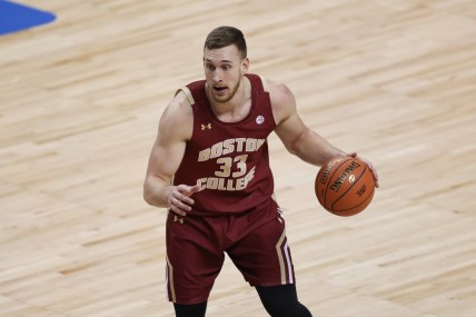 Mar 9, 2021; Greensboro, North Carolina, USA; Boston College Eagles forward James Karnik (33) runs the offense against the Duke Blue Devils in the first round of the 2021 ACC men's basketball tournament at Greensboro Coliseum. Mandatory Credit: Nell Redmond-USA TODAY Sports