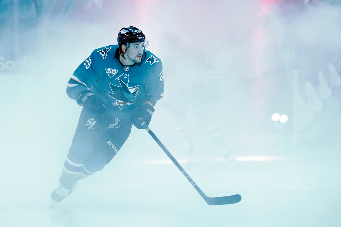 Mar 8, 2021; San Jose, California, USA; San Jose Sharks right wing Kurtis Gabriel (29) skates onto the ice before the game against the St. Louis Blues at SAP Center at San Jose. Mandatory Credit: Darren Yamashita-USA TODAY Sports