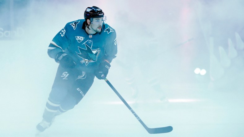 Mar 8, 2021; San Jose, California, USA; San Jose Sharks right wing Kurtis Gabriel (29) skates onto the ice before the game against the St. Louis Blues at SAP Center at San Jose. Mandatory Credit: Darren Yamashita-USA TODAY Sports