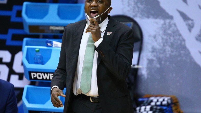 Mar 19, 2021; Bloomington, Indiana, USA; Cleveland State Vikings head coach Dennis Gates watches game action against the Houston Cougars during the second half in the first round of the 2021 NCAA Tournament at Simon Skjodt Assembly Hall. Mandatory Credit: Jordan Prather-USA TODAY Sports