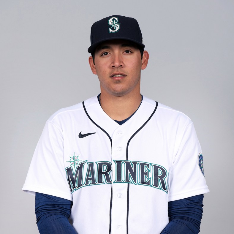 Mar 1, 2021; Peoria, AZ, USA; Seattle Mariners  Andres Munoz #54 poses during media day at the Peoria Sports Complex. Mandatory Credit: MLB photos via USA TODAY Sports
