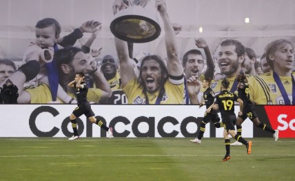 Columbus Crew SC midfielder Lucas Zelarrayan (10) celebrates scoring a goal in the second half of the first leg of the CONCACAF Champions League quarterfinals against CF Monterrey at Crew Stadium in Columbus on Wednesday, April 28, 2021. The teams tied 2-2.

Columbus Crew Sc Vs Cf Monterrey