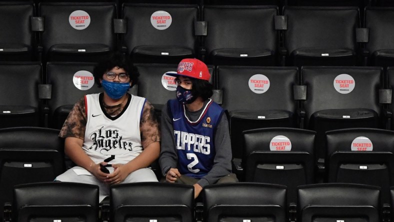 May 4, 2021; Los Angeles, California, USA; Fans are slowly being allowed into NBA games at Staples Center as California eases COVID-19 restrictions. Mandatory Credit: Robert Hanashiro-USA TODAY Sports