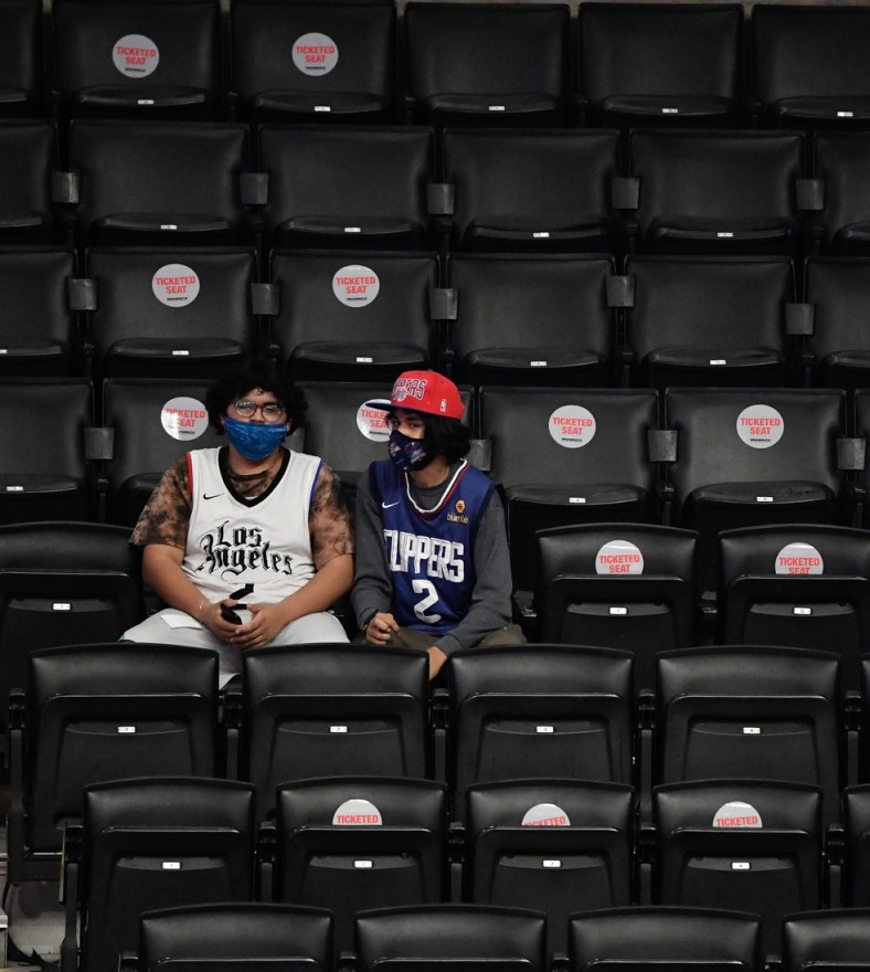 May 4, 2021; Los Angeles, California, USA; Fans are slowly being allowed into NBA games at Staples Center as California eases COVID-19 restrictions. Mandatory Credit: Robert Hanashiro-USA TODAY Sports