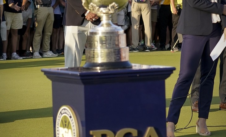 May 23, 2021; Kiawah Island, South Carolina, USA; A view of the Wanamaker Trophy during the final round of the PGA Championship golf tournament. Mandatory Credit: David Yeazell-USA TODAY Sports