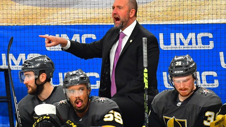 Jun 16, 2021; Las Vegas, Nevada, USA; Vegas Golden Knights head coach Pete DeBoer argues a call during the third period against the Montreal Canadiens in game two of the 2021 Stanley Cup Semifinals at T-Mobile Arena. Mandatory Credit: Stephen R. Sylvanie-USA TODAY Sports