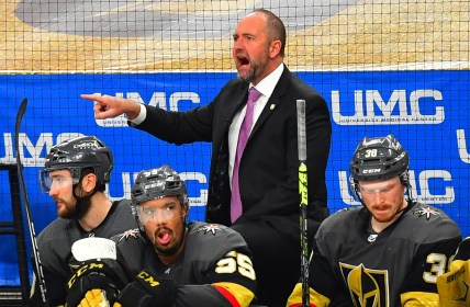Jun 16, 2021; Las Vegas, Nevada, USA; Vegas Golden Knights head coach Pete DeBoer argues a call during the third period against the Montreal Canadiens in game two of the 2021 Stanley Cup Semifinals at T-Mobile Arena. Mandatory Credit: Stephen R. Sylvanie-USA TODAY Sports