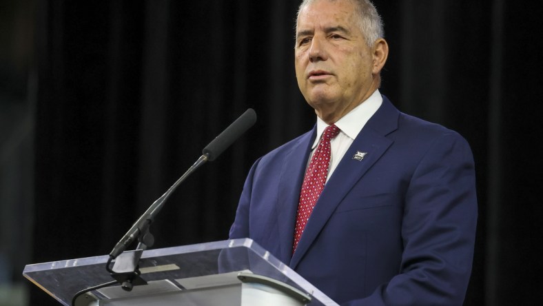 Jul 14, 2021; Arlington, TX, USA;  Big 12 Commissioner Bob Bowlsby speaks to the media during Big 12 media days at AT&T Stadium. Mandatory Credit: Kevin Jairaj-USA TODAY Sports