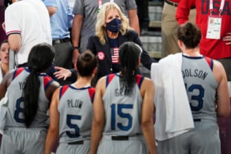 Jul 24, 2021; Tokyo, Japan; First Lady Jill Biden greets the USA team after they faced France in a 3x3 basketball game during the Tokyo 2020 Olympic Summer Games at Aomi Urban Sports Park. Mandatory Credit: Andrew Nelles-USA TODAY Network