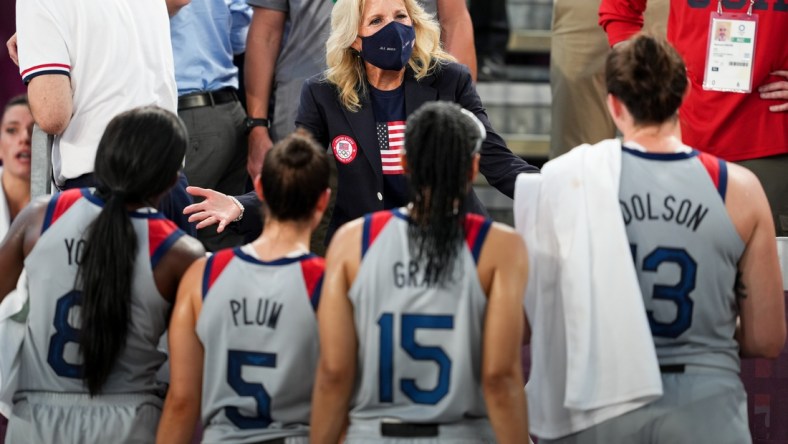 Jul 24, 2021; Tokyo, Japan; First Lady Jill Biden greets the USA team after they faced France in a 3x3 basketball game during the Tokyo 2020 Olympic Summer Games at Aomi Urban Sports Park. Mandatory Credit: Andrew Nelles-USA TODAY Network