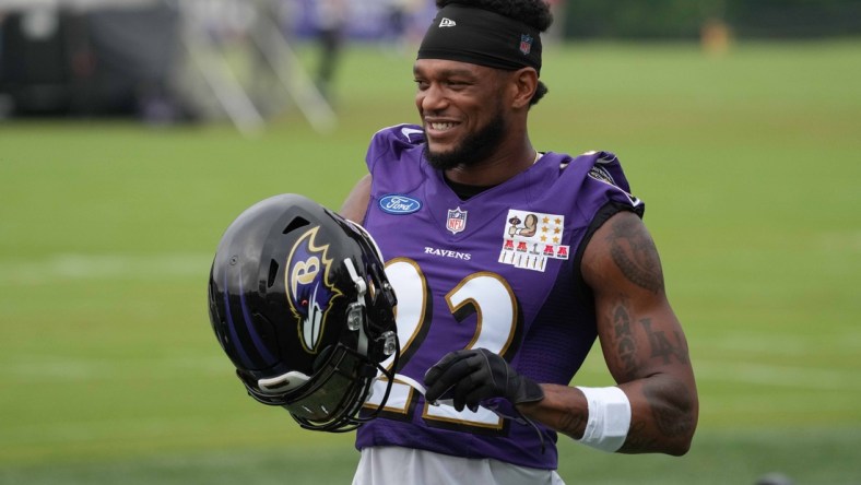 Jul 29, 2021; Owings Mills, MD, USA; Baltimore Ravens cornerback Jimmy Smith (22) practices at the Under Amour Performance Center. Mandatory Credit: Mitch Stringer-USA TODAY Sports