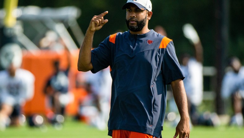 Jul 29, 2021; Lake Forest, IL, USA; Chicago Bears defensive coordinator Sean Desai gestures while walking on the field during a Chicago Bears training camp session at Halas Hall. Mandatory Credit: Jon Durr-USA TODAY Sports