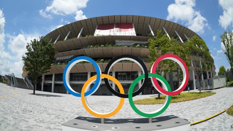 Jul 29, 2021; Tokyo, Japan; A general overall view of the Olympic rings outside of New National Stadium, the venue for track and field and opening and closing ceremonies during the Tokyo 2020 Olympic Summer Games. Mandatory Credit: Kirby Lee-USA TODAY Sports