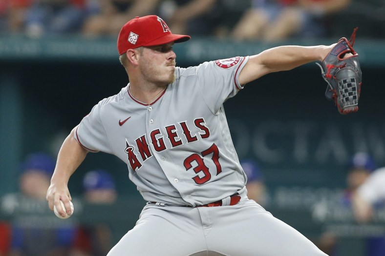 Aug 5, 2021; Arlington, Texas, USA; Los Angeles Angels starting pitcher Dylan Bundy (37) pitches in the first inning against the Texas Rangers at Globe Life Field. Mandatory Credit: Tim Heitman-USA TODAY Sports
