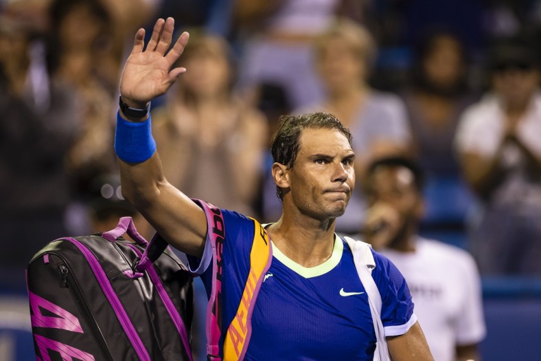 Aug 5, 2021; Washington, DC, USA; Rafael Nadal of Spain waves to fans after his match against Lloyd Harris of South Africa (not pictured) during the Citi Open at Rock Creek Park Tennis Center. Mandatory Credit: Scott Taetsch-USA TODAY Sports